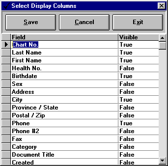 Query Results Column Display window